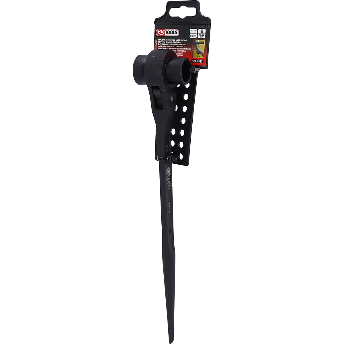 Schwarzer Knarrenschlüssel von KS Tools. Aufhängung und Produktdetails sind am Griff befestigt.